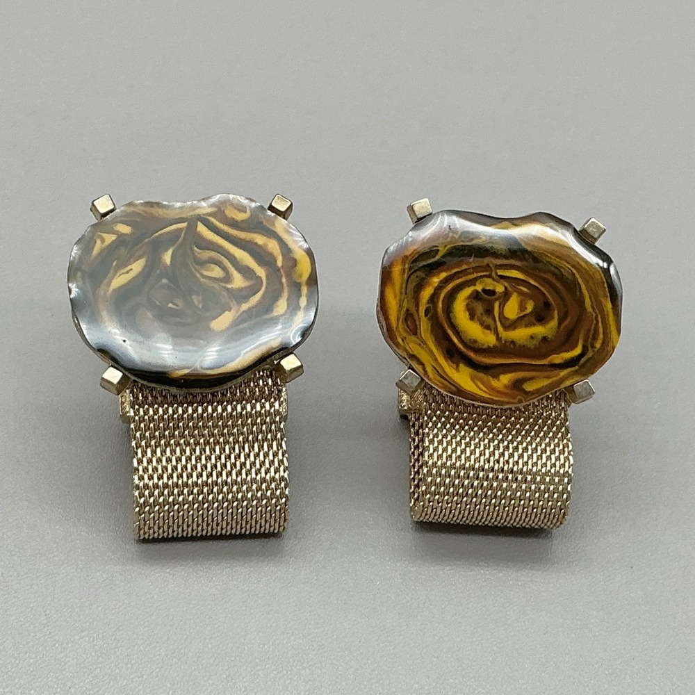 Dante Vintage Mesh Wrap Around Cufflinks Gold Tone Tiger Eye Swirl Mid Century